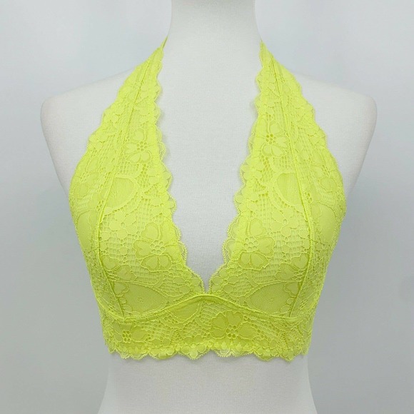 Free People Sz S Bralette Womens Galloon Lace Halter Bra Lime Soft Plunging Neck - Picture 3 of 10